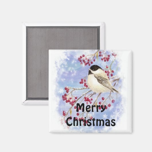 Merry KerstChickadee Snowy Berry Tree Magneet (Voorkant / Achterkant)