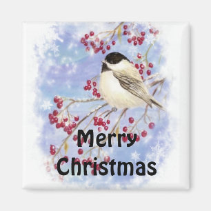 Merry KerstChickadee Snowy Berry Tree Magneet