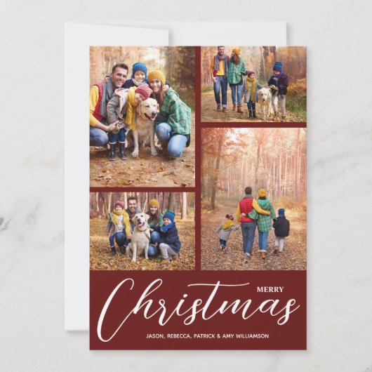 Merry Kerstcollage Multi-Photo Maroon Feestdagenkaart (Voorkant)
