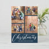 Merry Kerstcollage Multi-Photo Navy Blue Feestdagenkaart (Staand voorkant)