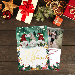 Merry Kerstcute Gnomes Gold Stars Foto Folie Feestdagenkaart