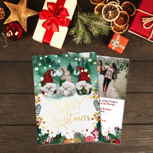 Merry Kerstcute Gnomes Gold Stars Foto Folie Feestdagenkaart