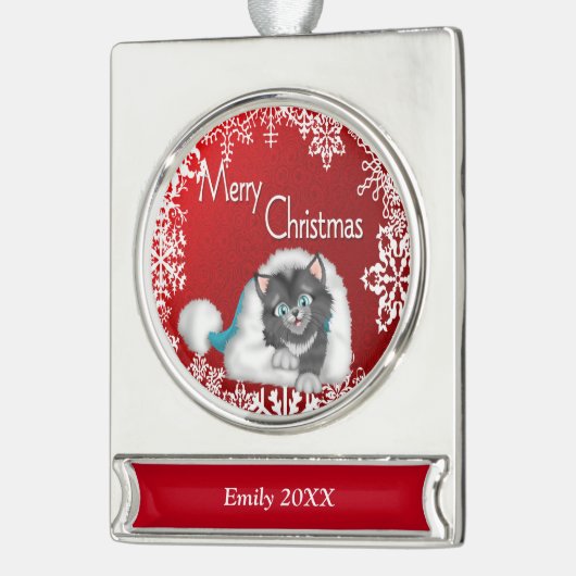Merry Kerstcute Kat Banner Ornament - Silve Verzilverd Banner Ornament (Links)