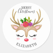 Merry Kerstcute Reindeer Face Ronde Sticker (Voorkant)
