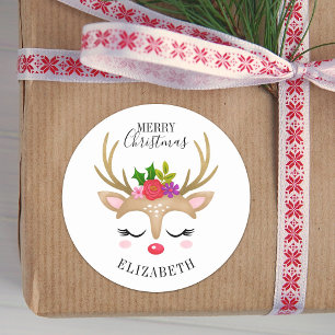 Merry Kerstcute Reindeer Face Ronde Sticker