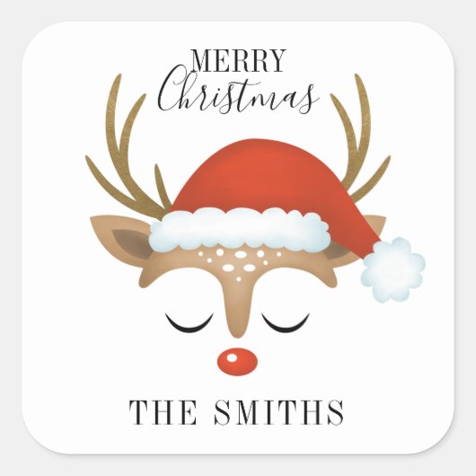 Merry Kerstcute Reindeer Vierkante Sticker (Voorkant)