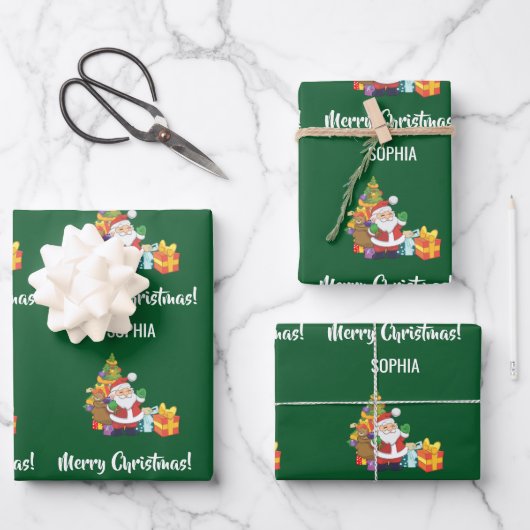 Merry Kerstcute Santa Persoonlijke naam Groen Inpakpapier Vel (Voorkant)