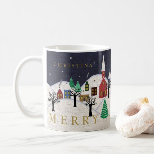 Merry Kerstdorp Folk Art Monogrammed Name Koffiemok (Met donut)