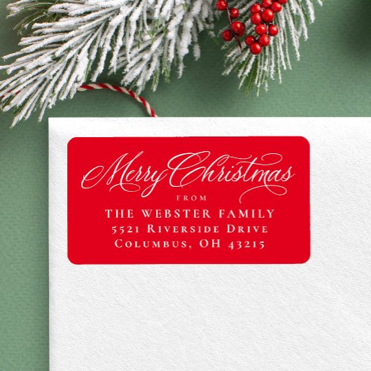 Merry Kerstelegant script rood retouradres Etiket