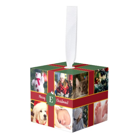 Merry Kerstfamilie Foto Collage Monogram Decoratie (Voorkant hoekig)