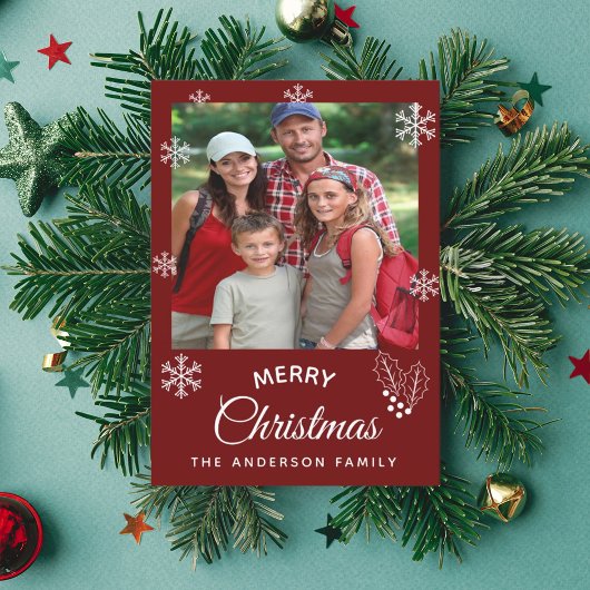 Merry Kerstfamilie foto donkerrood script Feestdagenkaart