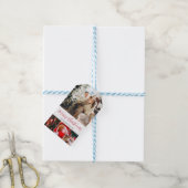 Merry kerstfamiliefoto's rode kalligrafie cadeaulabel (Met Touw)