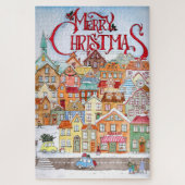 Merry Kerstfeest Funny Whimsical Cute Winter Town Legpuzzel (Verticaal)