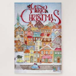 Merry Kerstfeest Funny Whimsical Cute Winter Town Legpuzzel