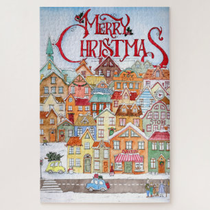Merry Kerstfeest Funny Whimsical Cute Winter Town Legpuzzel