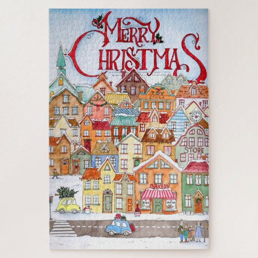 Merry Kerstfeest Funny Whimsical Cute Winter Town Legpuzzel (Verticaal)
