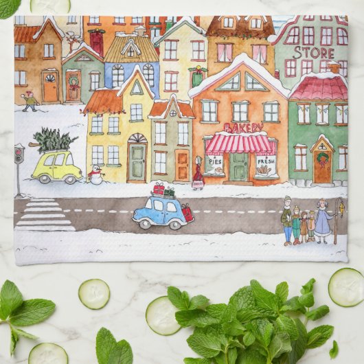 Merry Kerstfeest Funny Whimsical Cute Winter Town Theedoek (Gevouwen)