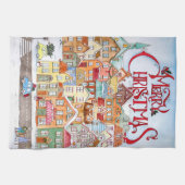Merry Kerstfeest Funny Whimsical Cute Winter Town Theedoek (Horizontaal)