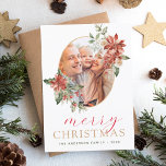 Merry kerstfeest Greenery Foto Holiday Feestdagenkaart<br><div class="desc">Rustic Winter Merry-kerstfotokaart met Holiday Floral White Flowers,  Greenery en Red Poinsettia Flowers met een eenvoudige achtergrond.</div>