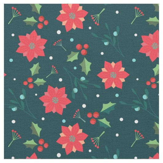 Merry Kerstfeestay Poinsettia Holly Pattern Stof (Close Up)
