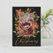 Merry KerstFloral Black Foto Feestdagenkaart (Staand voorkant)