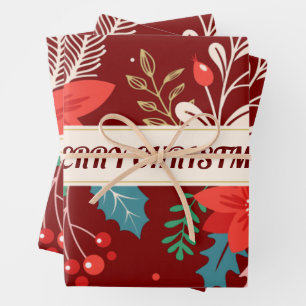 Merry KerstFloral Inpakpapier Vel