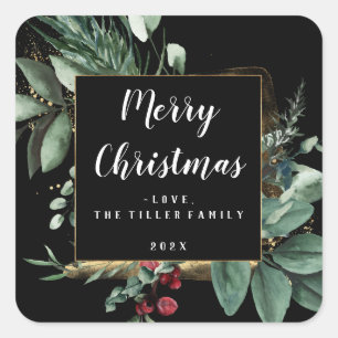 Merry KerstFloral Lijst Vierkante Sticker