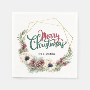 Merry KerstFloral Pine Cone Holly Gold Lijst Servet