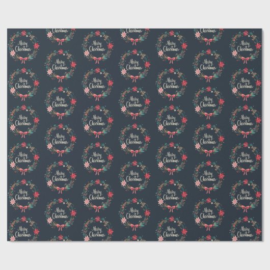 Merry KerstFloral Wreath Cadeaupapier (Vlak)