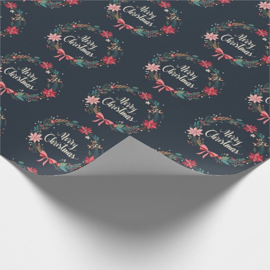 Merry KerstFloral Wreath Cadeaupapier (Hoek)