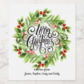 Merry KerstFloral Wreath Personalized Wijn Etiket (Enkel label)