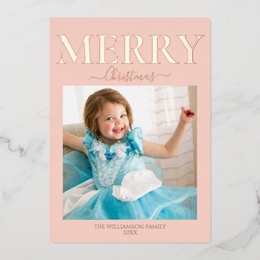 Merry Kerstfoto Blush Pink Folie Feestdagenkaart (Voorkant)