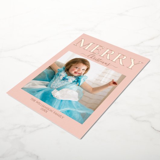 Merry Kerstfoto Blush Pink Folie Feestdagenkaart (Gedraaid)