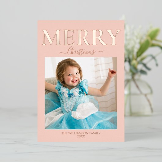 Merry Kerstfoto Blush Pink Folie Feestdagenkaart (Staand Voorkant)