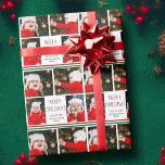 Merry Kerstfoto Collage Beauful Red Green Cadeaupapier<br><div class="desc">Dit schattige,  moderne kerstinpakpapier van Merry bevat een stijlvol ontwerp van vier familiefoto's op een witte achtergrond met  rode en groene typografie en feeststrepen. Deze prachtige kinder cadeauomslag voor fotovakanties is voorzien van de fotocollage van je eigen kind met je bericht en familienaam.</div>