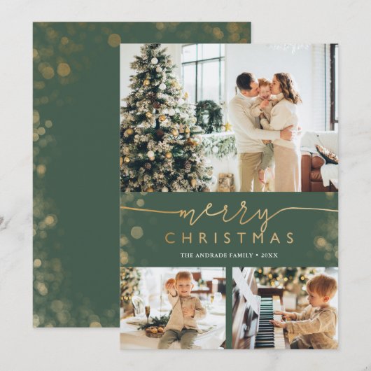 Merry kerstfoto Collage Classic Green Gold Feestdagenkaart (Voorkant / Achterkant)