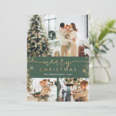 Merry kerstfoto Collage Classic Green Gold Feestdagenkaart (Staand voorkant)