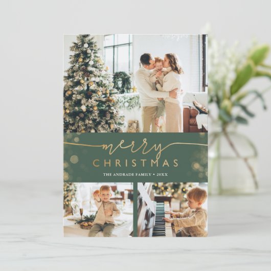 Merry kerstfoto Collage Classic Green Gold Feestdagenkaart (Staand voorkant)