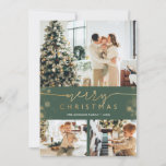 Merry kerstfoto Collage Classic Green Gold Feestdagenkaart<br><div class="desc">Vrolijk kerstkaartjes met afbeeldingen met fotocollage, met drie (3) afbeeldingen, faux golden foil typografie en gouden bokeh-grens tegen klassieke groene achtergrond. Dezelfde rand met onduidelijke stippen, op groene achtergrond, past de achterkant van dit ontwerp aan. Eenvoudig aan te passen met uw favoriete foto's, kleuren en tekst. NOTA: om het onderwerp...</div>