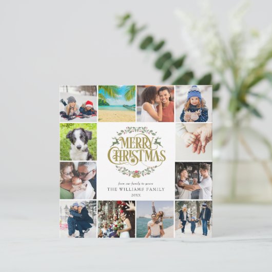 Merry Kerstfoto Collage Gold Script Feestdagenkaart (Staand voorkant)