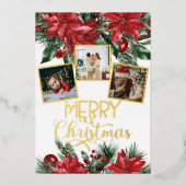 Merry Kerstfoto Collage Poinsettia Folie Feestdagenkaart (Voorkant)