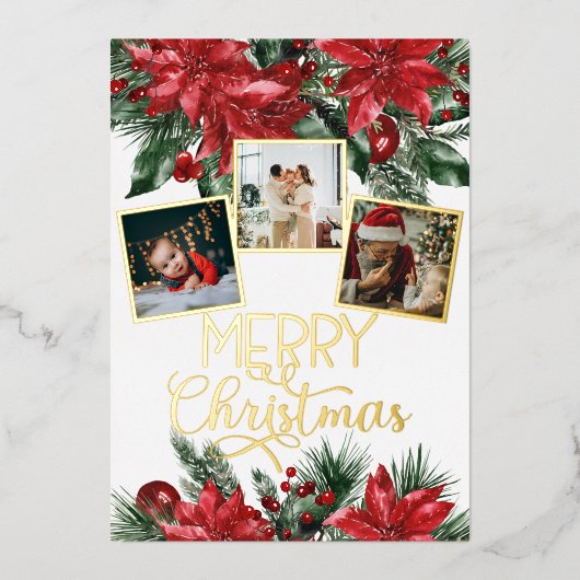 Merry Kerstfoto Collage Poinsettia Folie Feestdagenkaart (Voorkant)