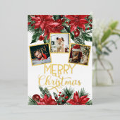 Merry Kerstfoto Collage Poinsettia Folie Feestdagenkaart (Staand Voorkant)