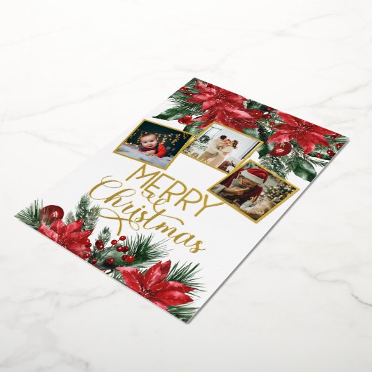 Merry Kerstfoto Collage Poinsettia Folie Feestdagenkaart (Gedraaid)