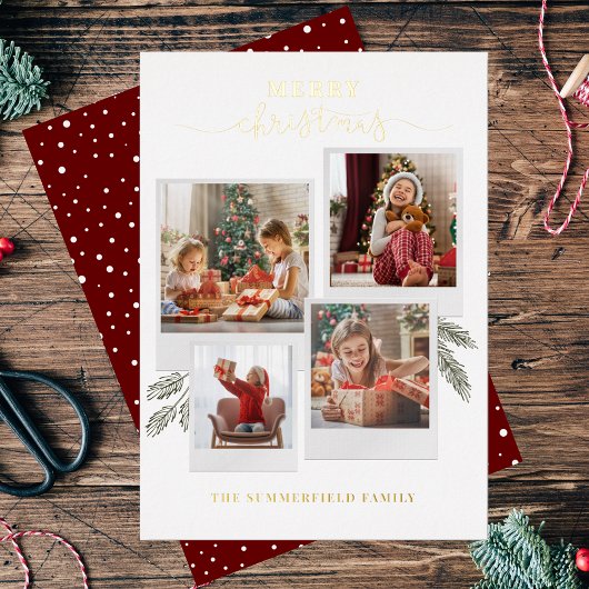 Merry kerstfoto Collage Script Gold Folie Feestdagenkaart