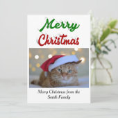 Merry kerstfoto rood, groen script feestdagenkaart (Staand voorkant)