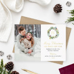 Merry kerstfoto Winter Greenery Monogram Folie Feestdagenkaart<br><div class="desc">Deze elegante prettige kerst en Happy New Year-feestkaart is voorzien van een foto naast een prachtige florale waterverf wintergrove heuvel met een aangepast goudfoliemonogram initiaal. Stijlvolle tekst bevat de tekst "Ons nieuwe startpunt voor de Feestdagen" samen met uw nieuwe adres. Een coördinerende achtergrond van de rode waterverf van de Bourgogne/wijn...</div>