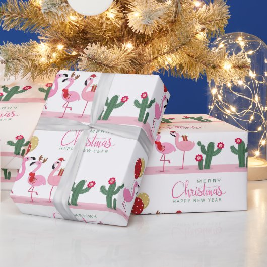 Merry KerstGirly Cute Pink Flamingo Cactus Cadeaupapier (Feestdagen)