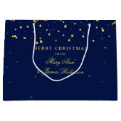 Merry KerstGold Confetti Stippen Navy Blue Large Cadeautasje (Voorkant)