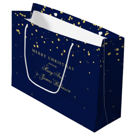 Merry KerstGold Confetti Stippen Navy Blue Large Cadeautasje (Voorkant Gekanteld)